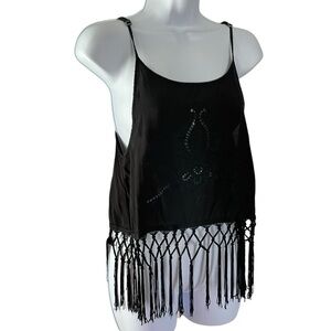 Solemio Black Cropped Tank Top Cami w/ Fringe and Embroidery Cut out Size Small